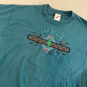 Vintage Jerzees Las Vegas Cactus Southwestern Embroidered T Shirt Large Teal